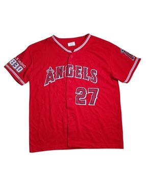 Angels Mike Trout Kids Button-Front Baseball Jersey Top - Red